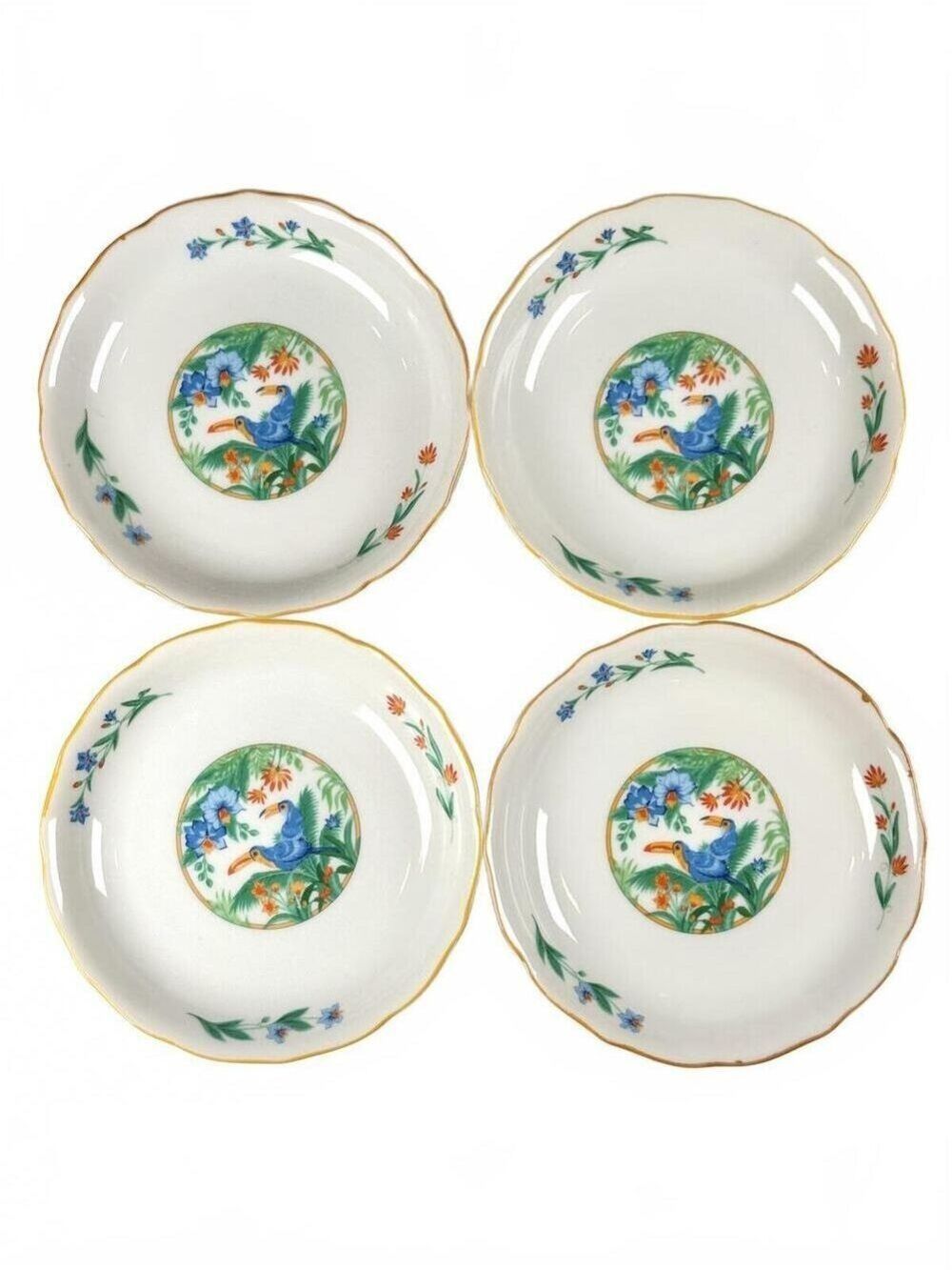 Set of 4 Vintage Dessert Plates Scalloped Rim Tropical Japan Toucan Porcelain